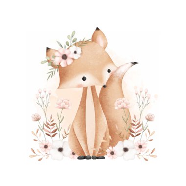 Suluboya Çizimi Şirin Tilki ve Çiçekler