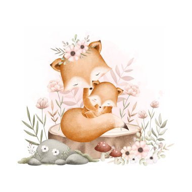 Suluboya Çizim Şirin Anne ve Bebek Tilki Çiçekli ve Yapraklı Kütüğe Otururlar