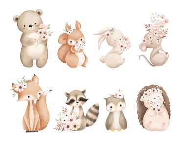 Woodland Hayvanları ve Çiçekleri Suluboya Çizimi