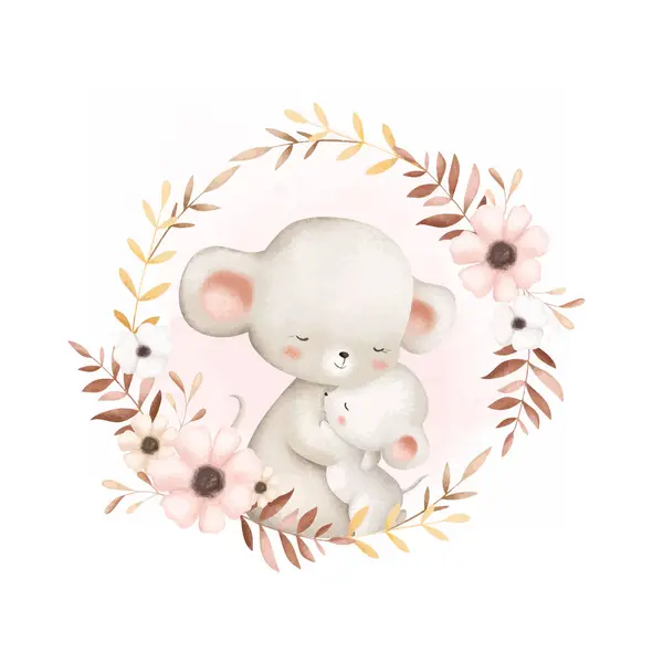 Watercolor Illustration Cute Mom Baby Mouse Flower Wreath Stock Illustration