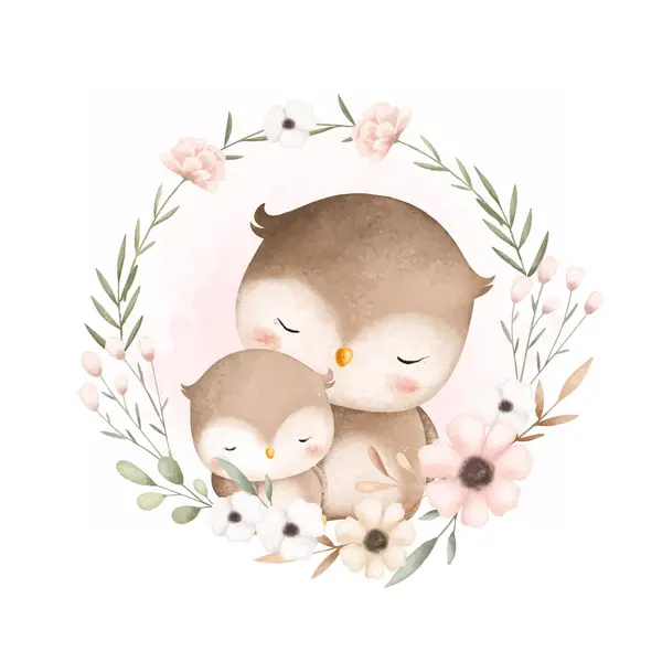 Watercolor Illustration Cute Mom Baby Owl Flower Wreath Vector Graphics
