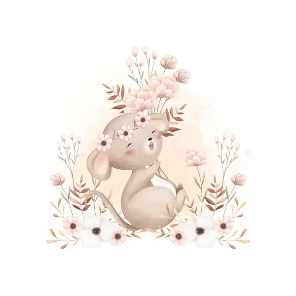 Watercolor Illustration Cute Mouse Flowers Stock Vector