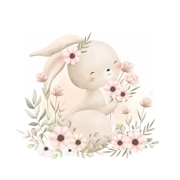 Watercolor Illustration Cute Rabbit Flowers Royalty Free Stock Vectors