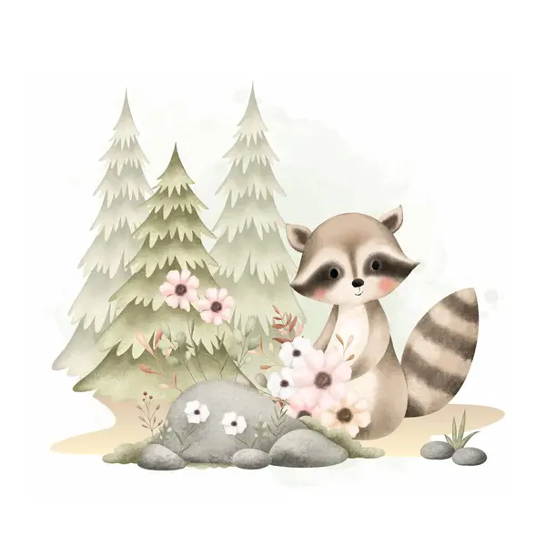 Watercolor Illustration Cute Raccoon Flowers Forest Royalty Free Stock Illustrations