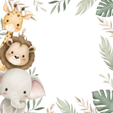 Suluboya Çizimi Safari Hayvanları ve Tropikal Yapraklar Sınırı