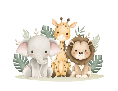 Suluboya Resimleri Safari Hayvanları ve Tropikal Yapraklar