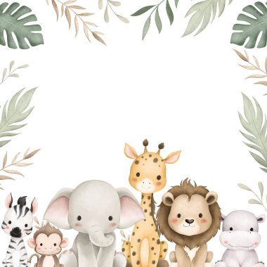 Suluboya Çizimi Safari Hayvanları ve Tropikal Yapraklar Sınırı