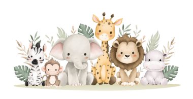 Suluboya Resimleri Safari Hayvanları ve Tropikal Yapraklar