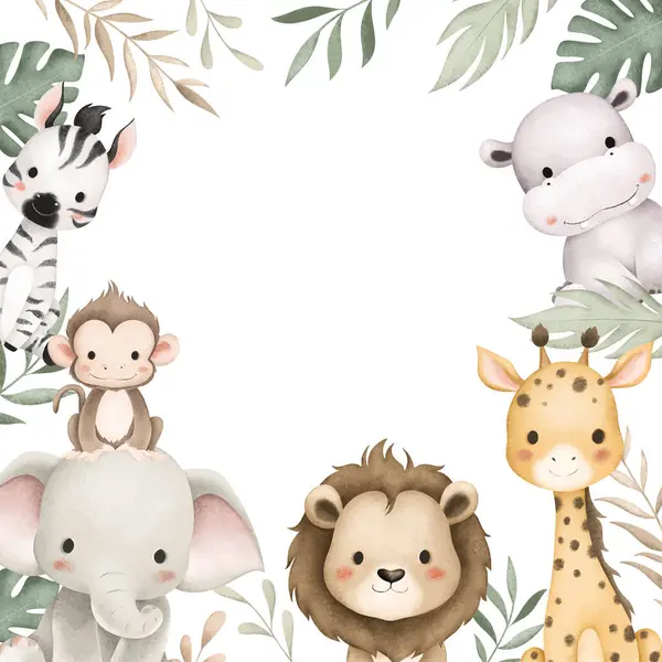 Watercolor Illustration Safari Animals Tropical Leaves Border Stock Illustration
