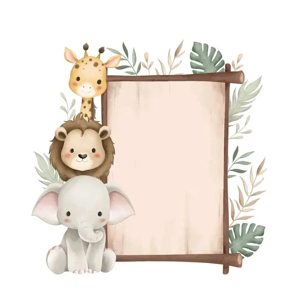Watercolor Illustration Safari Animals Wooden Board Stock Vector