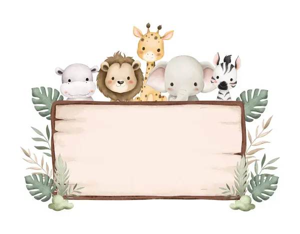 Watercolor Illustration Safari Animals Wooden Board Royalty Free Stock Illustrations