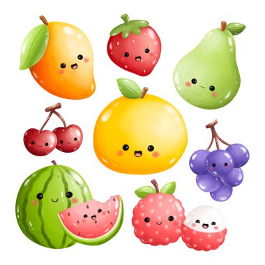 Kawaii Fruits karikatür kümesi Beyaz arkaplanda Clipart  