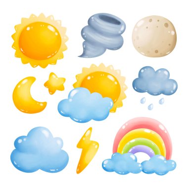 Beyaz arkaplanda Sevimli Gökyüzü Elementleri kümesi  