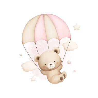 Suluboya Çizimi Sevimli Bebek Oyuncak Ayı Paraşütle Uçuyor
