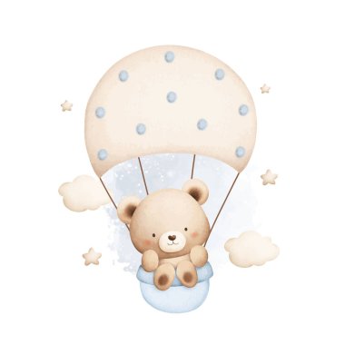 Suluboya Çizimi Sevimli Bebek Oyuncak Ayı Paraşütle Uçuyor