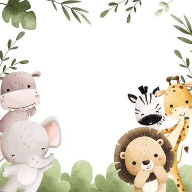 Suluboya Çizimi Mutlu Safari Hayvanları ve Tropikal Yaprak Çerçevesi