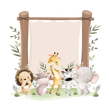 Suluboya Çizimi Mutlu Safari Hayvanları ve Tahta Tahta Tahta