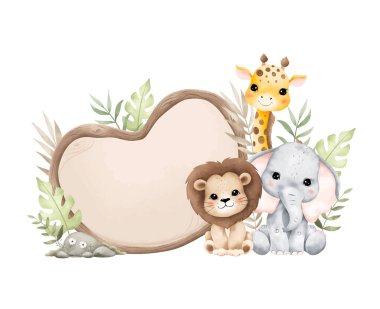 Suluboya Çizim Safari Hayvanlar ve Tahta Tahta Tahta