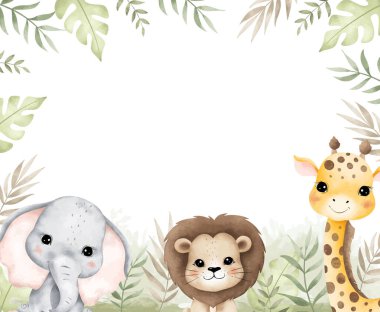 Safari Hayvanları ve Tropikal Yaprak Çerçevesinin Resmedilmesi