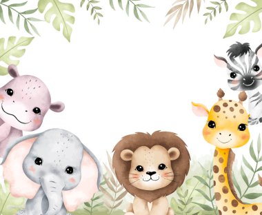 Safari Hayvanları ve Tropikal Yaprak Çerçevesinin Resmedilmesi