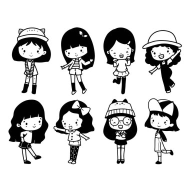 Şirin Kızların Soyut Vektör Doodle Kümesi