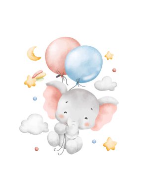 Suluboya Çizimi Bebek Fil Balonlarla Uçuyor