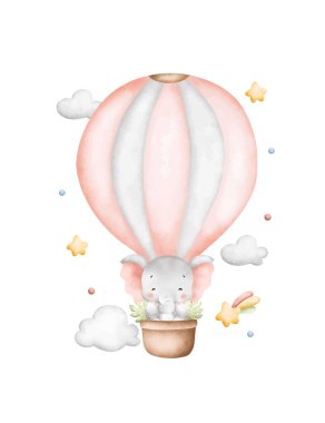 Suluboya Çizimi Bebek Fil Balonla Uçuyor