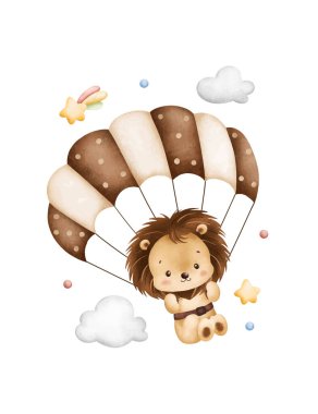 Suluboya Çizimi Bebek Aslan Paraşütle Uçuyor
