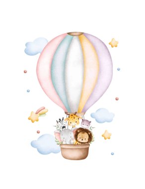 Suluboya Çizimi Safari Hayvanları Sıcak Hava Balonuyla Uçuyor