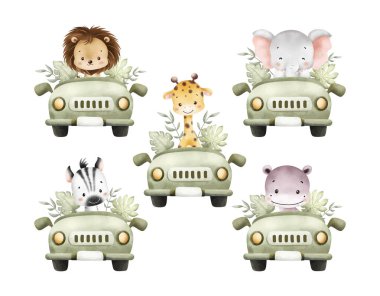 Arabadaki Şirin Bebek Safari Hayvanlarının Suluboya Çizimleri