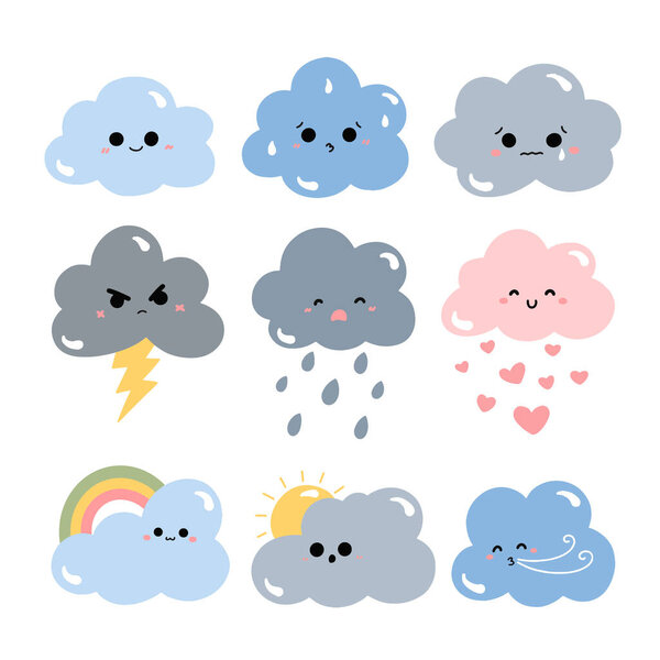 векторный набор акварельных облаков, облаков, облаков. симпатичный стиль мультфильма