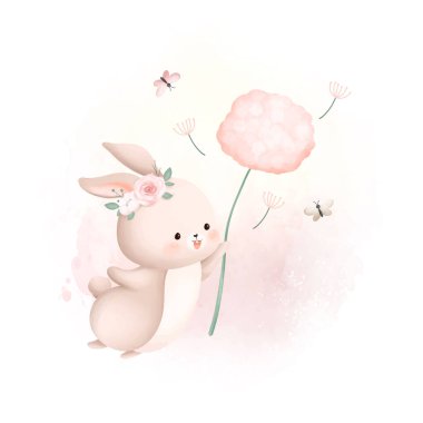 Pembe Çiçekler ve Kelebekli Şirin Tavşan Resimleri