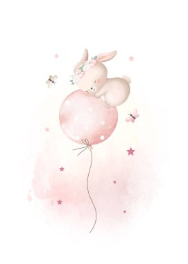 Tatlı Tavşanın Suluboya Çizimi Balonda Uyuyor ve Uçuyor 