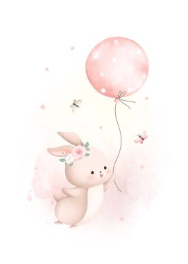 Tatlı Tavşanın Balon ve Kelebekli Suluboya Çizimi 