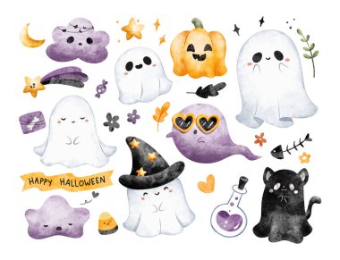 Watercolor Illustration Set of Cute Ghost and Halloween Ornaments clipart