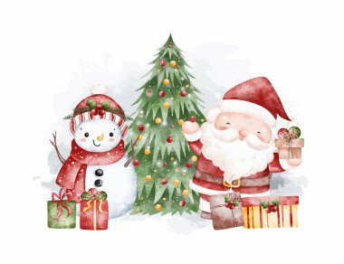 Suluboya Noel Baba ve Noel Ağacı ve Hediyeli Kardan Adam