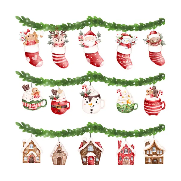 stock vector Watercolor Illustration Set of Christmas Garland