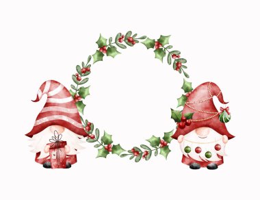 Watercolor Illustration Set of Christmas Frame and Gnomes clipart