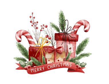 Noel Hediyeleri ve Noel Süslemeleri Suluboya Çizimleri