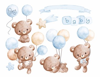 Bebek Oyuncak Ayılar ve Mavi Balonlar 'ın Suluboya Çizimleri