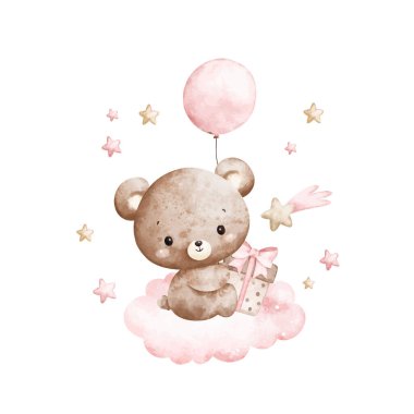 Suluboya Oyuncak Ayılar ve Pembe Balonlar Bulutun Üzerinde Oturuyor