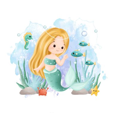 Watercolor Illustration Cute Mermaid with Sea Animals in Deep Ocean clipart