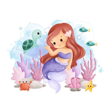 Suluboya Çizimi Derin Okyanusta Deniz Kaplumbağası ve Balıklı Şirin Denizkızı