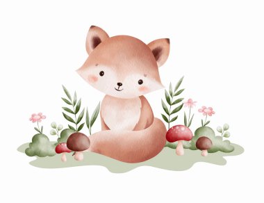 Suluboya İllüstrasyon Tilki ve Doğa Elemanı