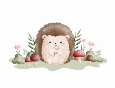 Suluboya Çizimi Kirpi ve Doğa Elementleri