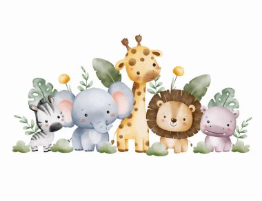 Suluboya Resimleri Safari Hayvanları ve Tropikal Yapraklar