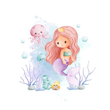 Suluboya Çizimi Şirin Denizkızı ve Denizanası