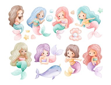  Pastel Renkli Şirin Denizkızı Suluboya Çizimi