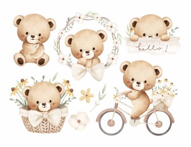 Watercolor Illustration Set of Happy Bear and Flowers