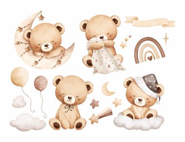 Watercolor Illustration Set of Sleepy Bears and Sky Elements